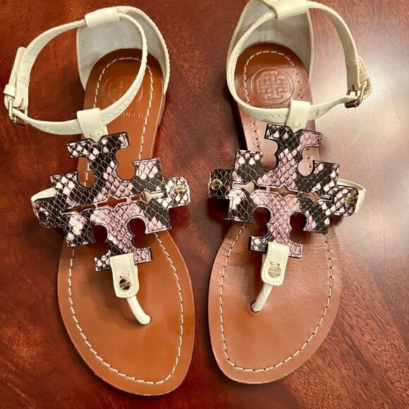 EEUC Tory Burch Phoebe Snakeskin White Thong Sandals Shoes Size 6.5 - Picture 4 of 7